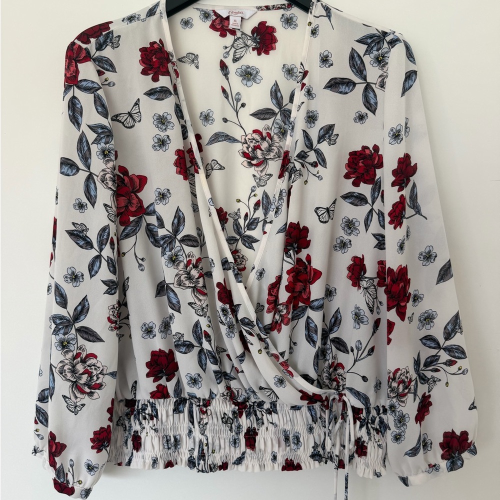 Candie's Women's White Floral Wrap Elastic Chiffon Blouse size  XL
